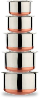 LIMETRO STEEL Set of 5 Copper Bottom Tope Multi Purpose (5 Pieces, 1 Ltr, 1.5 Ltr, 2 Ltr, 2.5 Ltr, 3 Ltr) Cookware Set