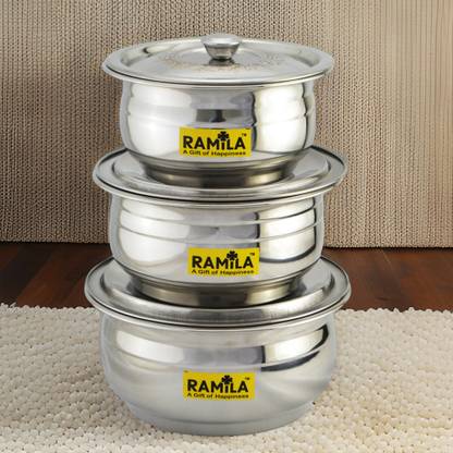 RAMILA Stainless steel cookware set Handi With Lid, Steel Set( LASER DESIGN LID ) Induction Bottom Cookware Set