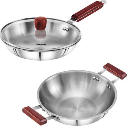 Hawkins Triply Stainless Steel Frying Pan 24 cm with Lid and Kadhai 2.5 Ltr without Lid Induction Bottom Cookware Set