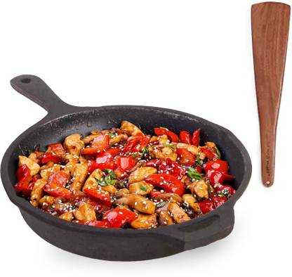 The Indus Valley Pre-seasoned Cast Iron Skillet Fry Pan with Wooden Flip | 9.8inch Fry Pan Cookware Set