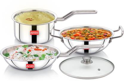 AVIAS AVI3 Triply 4 Pcs Set With Glass Lid Induction Bottom Cookware Set  (Stainless Steel, 4 - Piece)
