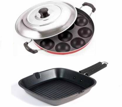 BMS Lifestyle 2-Piece Aluminium Non-Stick Cookware Set - Grill Pan & Red Appam Non-Stick Coated Cookware Set