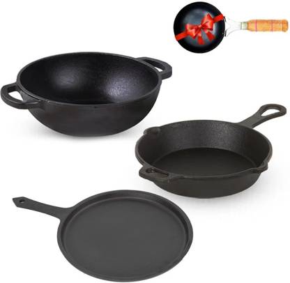 The Indus Valley Cast Iron Tawa 10.2Inch, FryPan 9Inch, Kadai 10Inch & Iron Tadka Pan Combo Induction Bottom Cookware Set