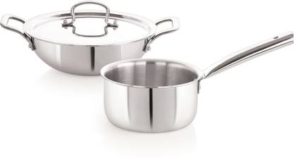 iVBOX Platina-Pro 3pcs Triply Steel 16cm Sauce Pan/Milk Pan and 24cm Kadhai With Lid Induction Bottom Cookware Set