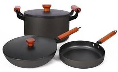 UMAI 3pcs Cast Iron Pots And Pans Cookware With Wooden Handle Induction Bottom Non-Stick Coated Cookware Set
