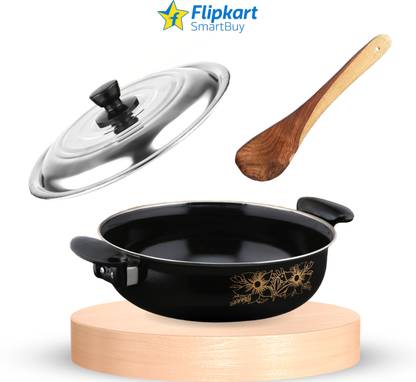 Flipkart SmartBuy Kitchen Non-Stick Combo Pack of Kadhai with Lid and Wooden Spatula - 4 Induction Bottom Non-Stick Coated Cookware Set