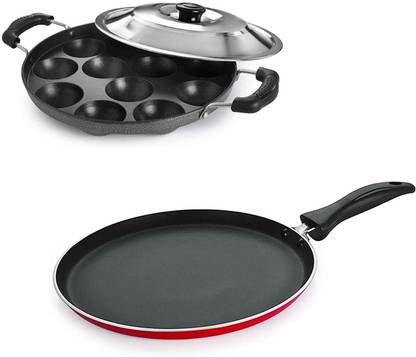 CUERARPO aluminum Appam Maker Pan & Dosa Tawa with Lid nonstick/idali Maker Induction Bottom Non-Stick Coated Cookware Set