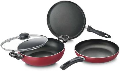 Prestige Omega Deluxe Plus BYK Set of 3-Tawa, Fry Pan & Kadai with Glass Lid Induction Bottom Non-Stick Coated Cookware Set