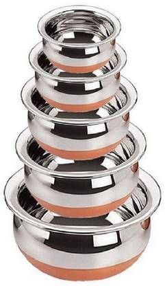 RBGIIT Pack of 5 Stainless Steel Stainless Steel Copper Bottom Cooking Serving Pot Induction Bottom Non-Stick Coated Cookware Set
