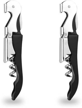 SURFNPICK 2pcs of Wine/Beer Bottle Opener and Foil Cutter (Sommelier Knife Style) Black Stainless Steel Waiters Corkscrew