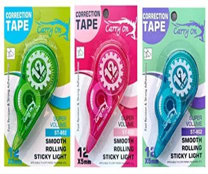 PASS & PLAY Big Correction Tape Smooth Rolling Sticky Light Set of 3 Pcs of 5 mm x 12 mtr 60 mm Smooth Rolling Sticky Light Correction Tape