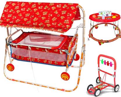 AdevWorld red bassinet cum jhula+baby walker+foot walker combo of 3 Bassinet