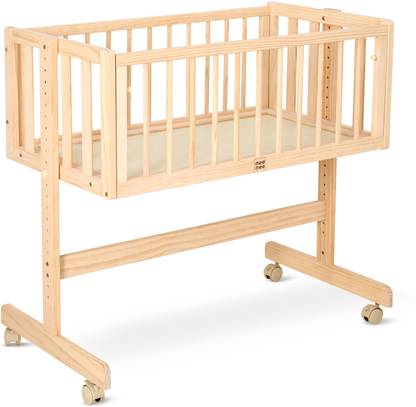 MeeMee Wooden Baby Cot with Mosquito Net, Lockable Swing & Wheels for 1.5 Years Baby Cot