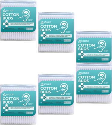ASSURE Cotton Ear Buds/Cotton Swabs with Paper Stem (100 Sticks (Pack of 6)