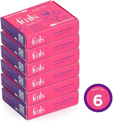 FEALS Soft Cotton Ear Buds/Swabs with Paper Stem (100 /200 Q Tips/Box) (Pack of 6)