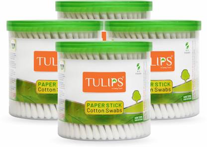 Tulips Cotton Ear Buds {Pack of 4} with White PAPER Stick 200 Sticks in a Jar