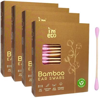 i'm eco Bamboo Ear Swabs | 400 Bamboo Swabs | Ultra-soft & Premium Quality (Pack of 4)