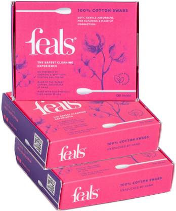 FEALS Soft Cotton Ear Buds/Swabs with Paper Stem (100 /200 Q Tips/Box) (Pack of 3)