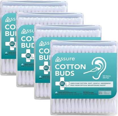 ASSURE Cotton Ear Buds/Cotton Swabs with Paper Stem (100 Sticks (Pack of 4)