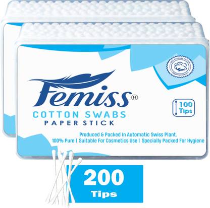 Femiss Beauty Care Cotton Ear Buds/ Swabs Box of 200 Paper Sticks- Pack of 2(100*2)