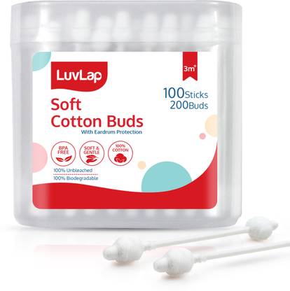 LuvLap Baby Comfy Safety Tip Cotton Buds with Ear Cleaning Protection, Unbleached Cotton, 100 Sticks,200 Buds White
