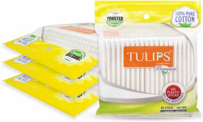 Tulips Premium Cotton Ear Buds/Swabs (Pack of 4) with white PAPER Sticks 80/160 Tips