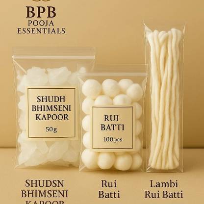 BPB 100 piece Round Phool Batti Cotton Wicks with 50g Kapoor and Long Rui Diya Batti Cotton Wick