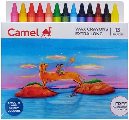 Camel Wax Crayons Extra Long 13 Shades + 1 Fluorescent Crayon (Pack of 2)