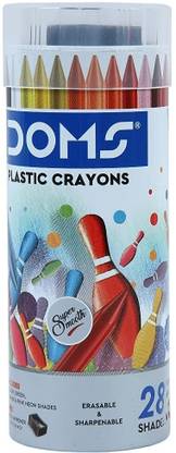 DOMS 28 Shades Erasable Plastic Crayons Round Tin Box Bright & Playful Colors