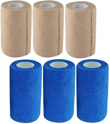 A-TAPE Breathable Self Adhesive Cohesive Bandage – for Sports, Wrap, Athletic, Non Woven First Aid Medical, Wrist, Swelling (10 cm X 4.5 mtr- Pack of 6) Beige & Blue , Cotton Crepe Bandage