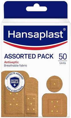 HANSAPLAST Assorted Pack | Antiseptic Plasters in various shapes & sizes| Breathable fabric Crepe Bandage