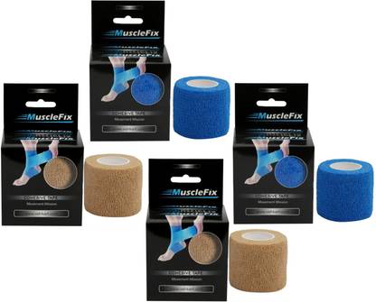 MuscleFix Cohesive Crepe Bandage, Self Adhesive Tape (5 cm X 4.5 m Pack of 4) Beige & Blue Crepe Bandage
