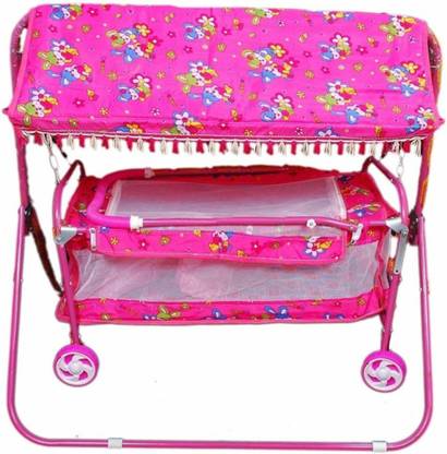 Rudra creations Baby Cradle with Mosquito Net & Wheels,Foldable Baby Swing Crib Bassinet
