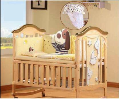 BabyTeddy 12 in 1 Bruno The Dog Baby Crib Wooden Cot Bed with 6 PC Bumper Set Mosquito Net