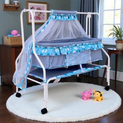 KIDDERY Ares | Value Baby Cradle | New improved Mattress Design | 25% More Space for Baby | Mosquito Protection Net | All Wheel Lock | 0-8 months | Blue