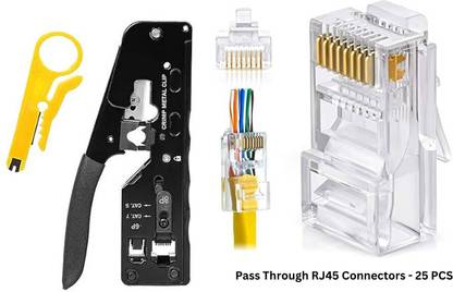 EXPERTRONICS Crimping Tool For Rj45 Rj11 Cat7 Cat6 Cat5 with Pass Through Connectors 25 PCS Crimping Tool For Rj45 Rj11 Cat7 Cat6 Cat5 with Pass Through Connectors 25 PCS Manual Crimper