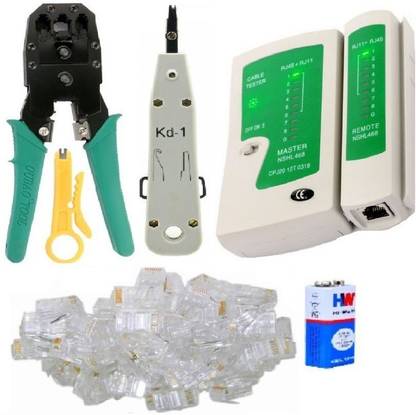 Inditrust new 1pc 3in1 Modular Crimping Tool 1 Krone Tool 50 RJ 45 Connectors 1 Lan Tester & 1pc Battery (Pack of 5) Corded Crimper