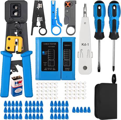 CLUSPEX Crimp Tool Kit CAT5 CAT5E CAT6 RJ45 Crimping Tool, 50PCS RJ45 CAT6 Pass Through Connectors, 50PCS Covers, Network Cable Tester, Wire Punch Down Cutter (Blue) Manual Crimper