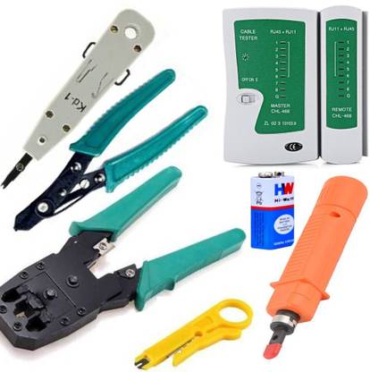 D.V TECH PROFESSIONAL SET OF Modular Rj45 Rj11 Crimping Tool, Network Lan Cable Tester, Stripper Tool, Push Down Impact Tool IDC/Network CAT5, CAT6 & Telephone Insertion Socket Punch-Down and Punch Down Krone Tool 110 Block Wire Cable Cutter Card Line Knife Combo Set SET OF CRIMPING TOOL Manual Crimper