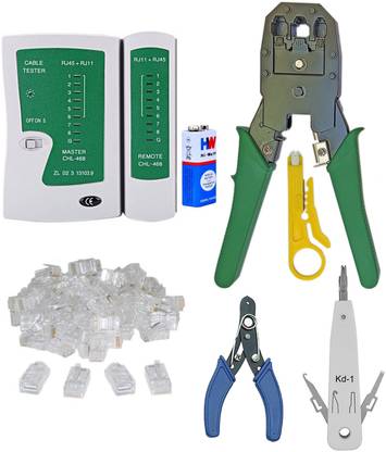 Inditrust new Rj45 Crimping tool 50pc connector Kd1 wire cutter Battery & Cable tester set (Pack of 6) Manual Crimper