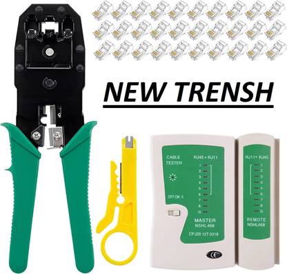 New Trensh RJ45 Crimping Tool COMBO 1 x Tool + 1 x Cable Tester, 50 x RJ 45 Connectors Manual Crimper