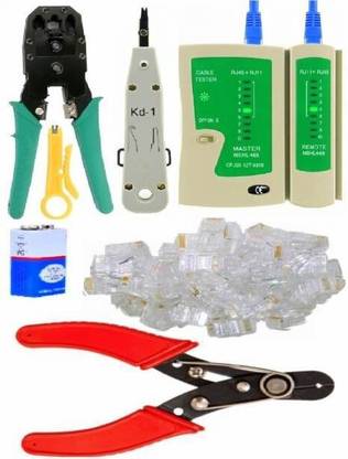 D.V TECH PROFESSIONAL SET OF CRIMPER TOOL NETWORK LAN CABLE TESTER 50PCS OF RJ45 CONNECTOR STRIPPER TOOL CUTTER 9V BATTERY Wire Cutter Punch Down RJ 45 Connectors Network Cable Line Tester Ethernet LAN Manual Crimper