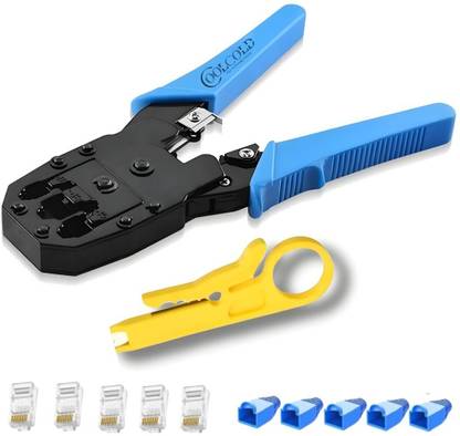 coolcold LAN Cable Crimper & Stripper Set – RJ45/RJ11 – Blue 3-in-1 RJ45 Crimp Tool Kit with Connectors – Blue Manual Crimper