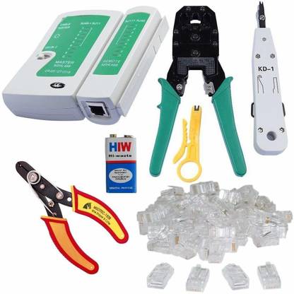 tools master TM-CT-MC-9V Crimping, Multitec cutter, KD-1 Professional Punch Down Tool, Network Lan Cable Tester, 9V battery and 25 Pcs Connectors Rj45 Rj11 Crimping, Multitec cutter, KD-1 Professional Punch Down Tool, Network Lan Cable Tester Manual Crimper
