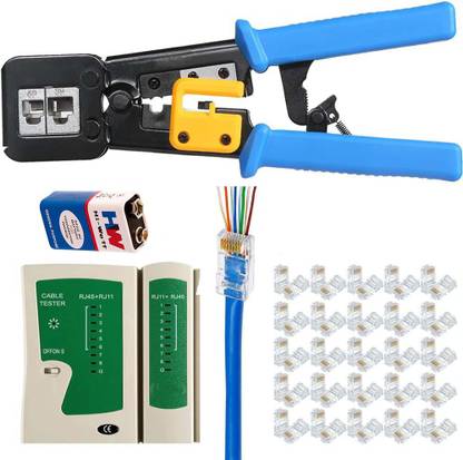 Techy-tech Crimp Tool Kit CAT5 CAT5E CAT6 RJ45 Crimping Tool, 50PCS RJ45 Pass Through Connectors, Network Cable Tester, 9 Volt Battery Manual Crimper