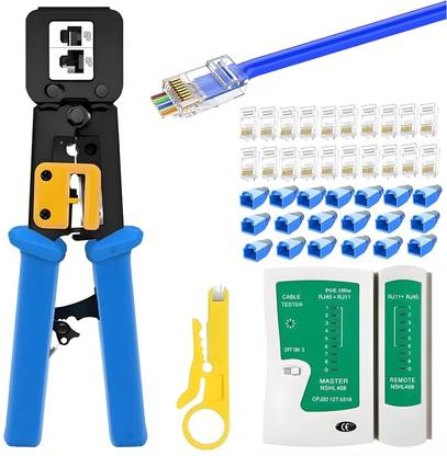 coolcold Heavy Duty RJ45 Crimper Set with Connectors & Boots Ask ChatGPT RJ45 Crimp Tool Kit with Tester, Cutter & 20 Cat6 Plugs Manual Crimper