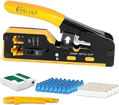 coolcold Cat5–Cat7 RJ45 Crimper Set with Boots & Tester RJ45 Crimp Tool Kit with Tester & 50 Connectors Manual Crimper