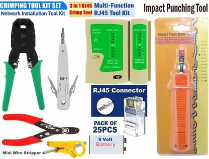 BALRAMA 32pc Kit Networking CCTV Camera Computer Laptop Ethernet LAN Wire Cable Tester Stripper Cutter Kd-1 Tool, Impact Punch Down, RJ45 Lan Tester, RJ 45 Connectors Wire Connector