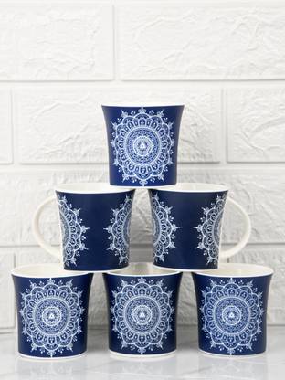 Femora Pack of 6 Bone China Fine Bone China Eternal Circle Tea Cups (160 ml) - 6 Pcs Set (Blue)