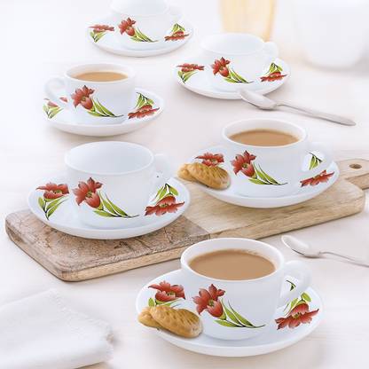 Larah by Borosil Pack of 12 Opalware Red Iris 90 ml Opalware Cup and Saucer Set